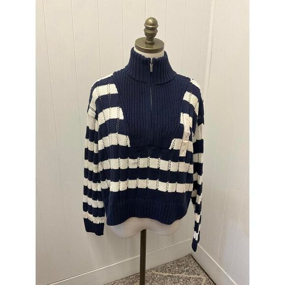 Brand New A New Day Women's Size Medium Navy Blue Cream Pullover Sweater 1/4 Zip - Picture 1 of 13